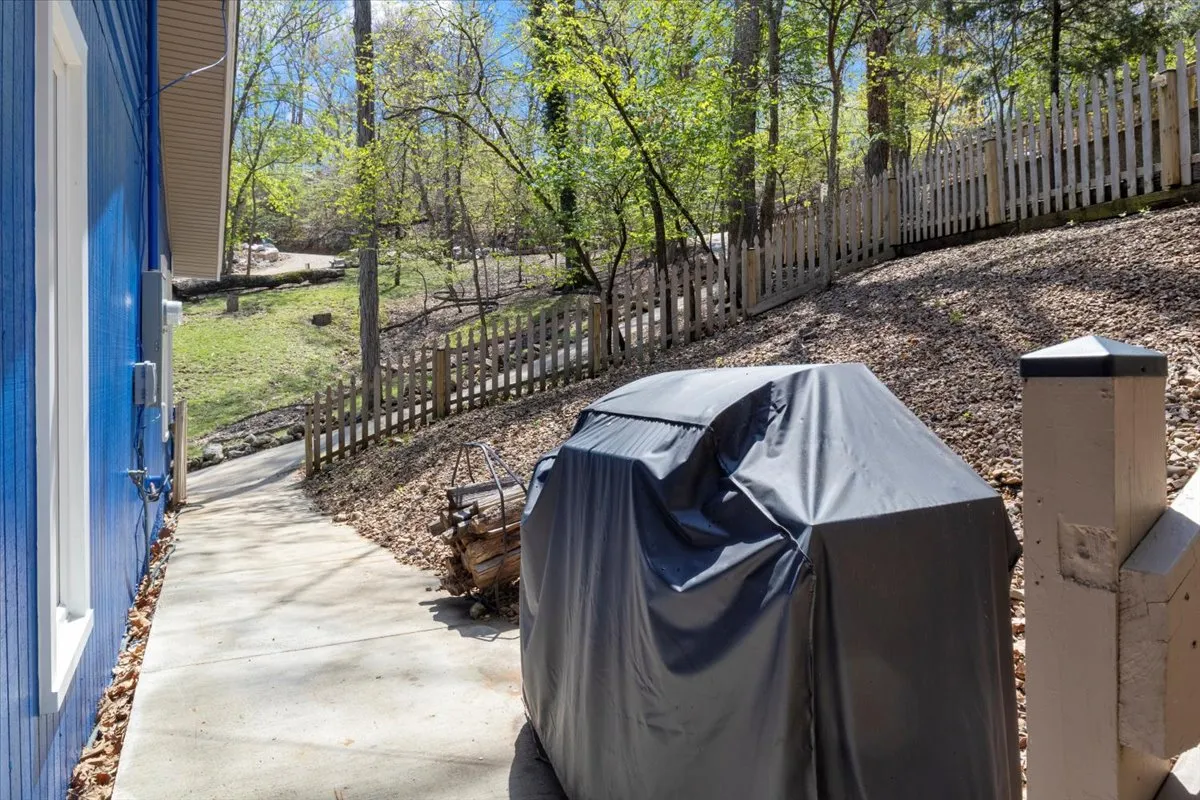 The scene centers on the home's blue exterior, highlighting a covered grill area and a wooden fence set against a peaceful natural landscape. The setup hints at both the tranquil surroundings and opportunities for outdoor cooking and group fun.